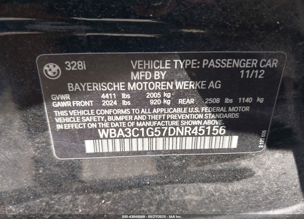 2013 BMW 3 SERIES VIN: WBA3C1G57DNR45156