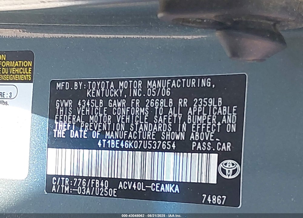 2007 TOYOTA CAMRY LE VIN: 4T1BE46K07U537654