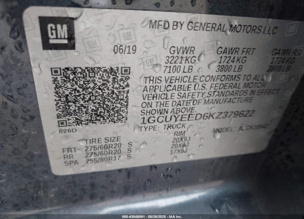 2019 CHEVROLET SILVERADO 1500 VIN: 1GCUYEED6KZ379622