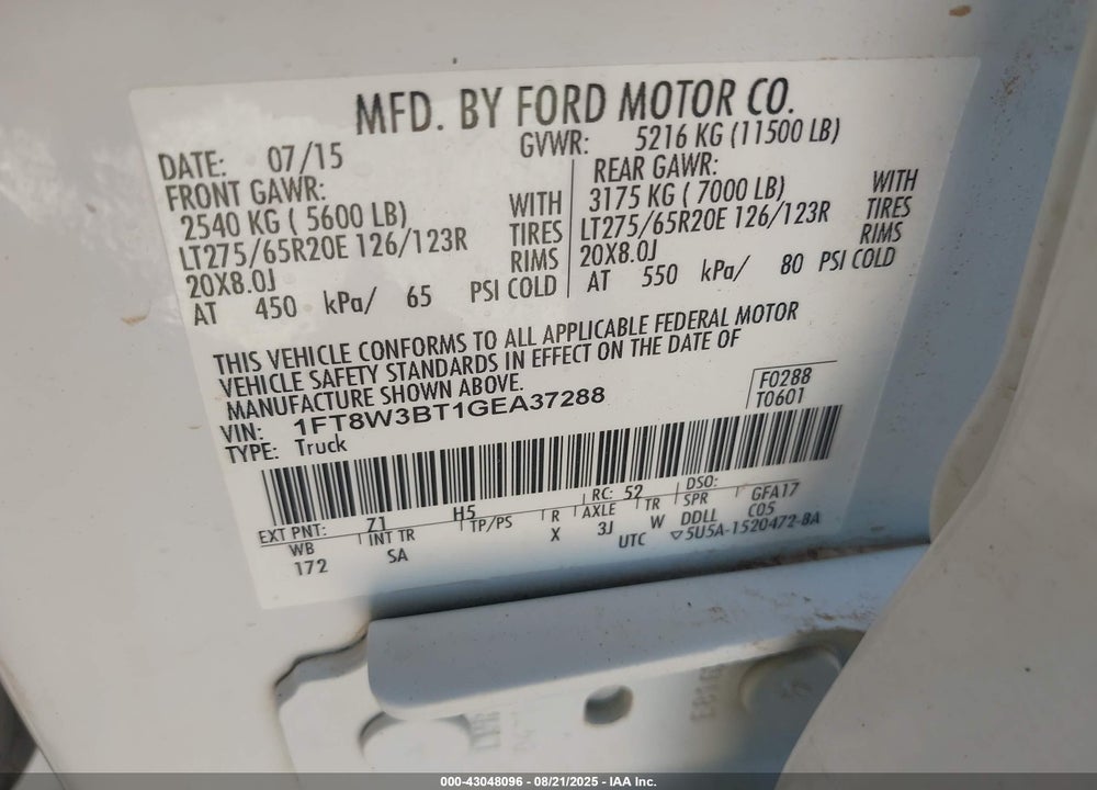 2016 FORD F 350 VIN: 1FT8W3BT1GEA37288