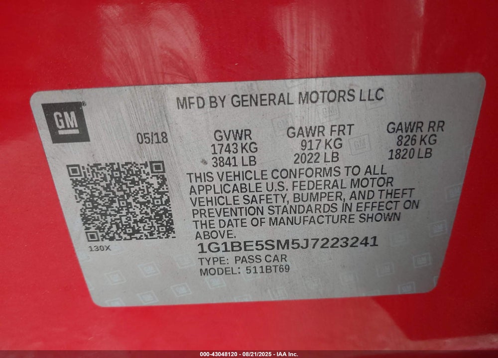 2018 CHEVROLET CRUZE VIN: 1G1BE5SM5J7223241