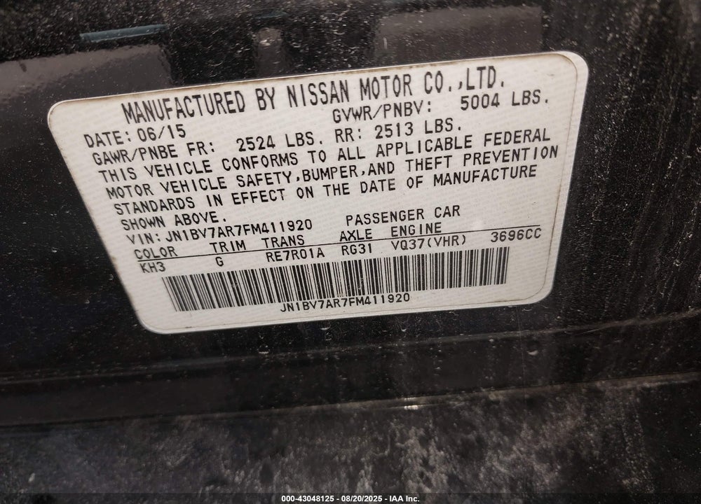 2015 INFINITI Q50 VIN: JN1BV7AR7FM411920