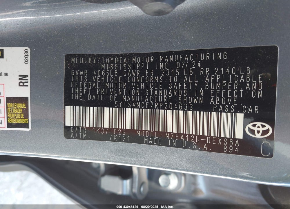 2024 TOYOTA COROLLA VIN: 5YFS4MCE7RP204633