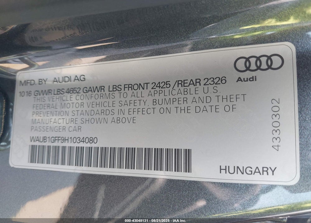 2017 AUDI S3 VIN: WAUB1GFF9H1034080