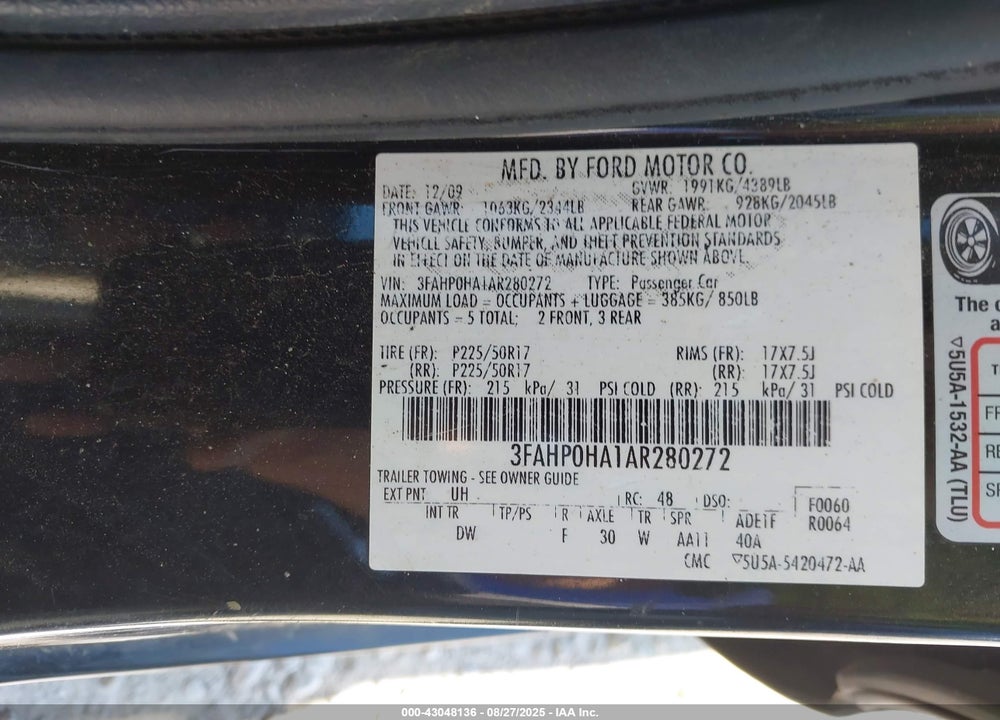 2010 FORD FUSION VIN: 3FAHP0HA1AR280272