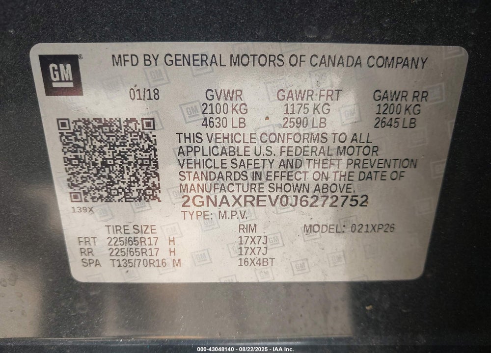 2018 CHEVROLET EQUINOX VIN: 2GNAXREV0J6272752