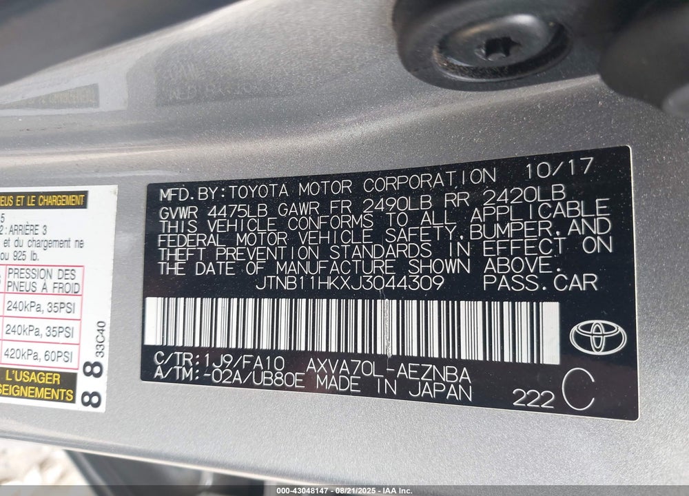 2018 TOYOTA CAMRY VIN: JTNB11HKXJ3044309