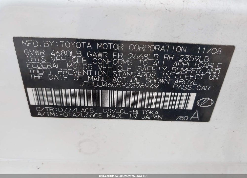 2009 LEXUS ES 350 VIN: JTHBJ46G592298949