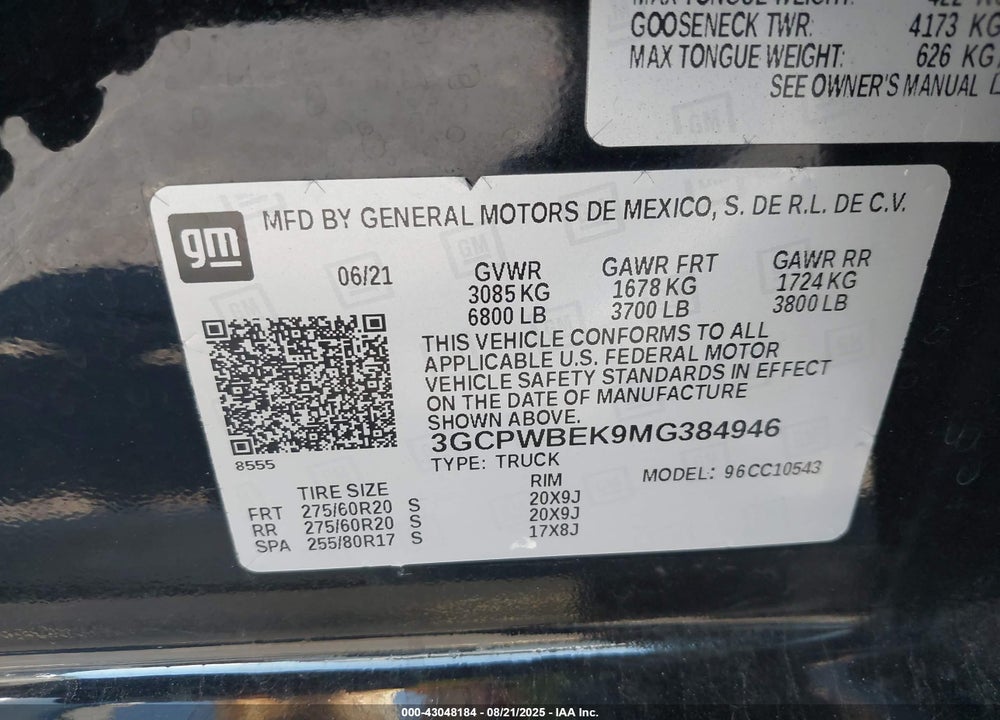 2021 CHEVROLET SILVERADO 1500 VIN: 3GCPWBEK9MG384946