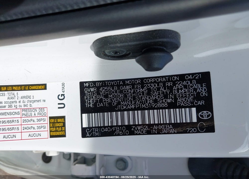 2021 TOYOTA PRIUS PRIME VIN: JTDKAMFP1M3192888