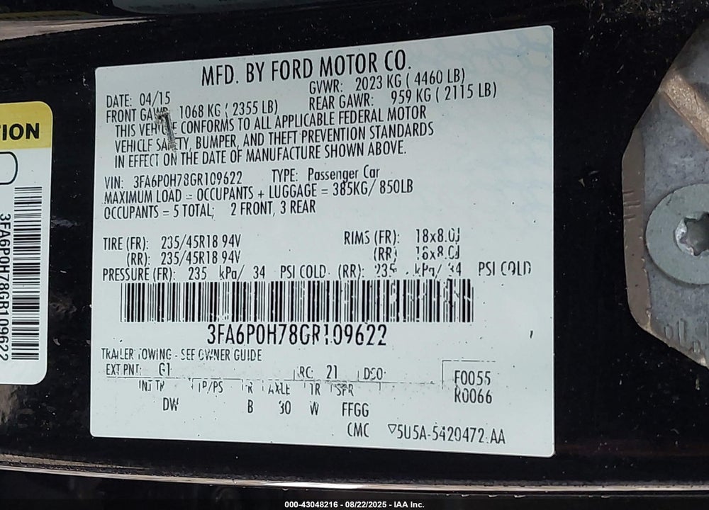 2016 FORD FUSION VIN: 3FA6P0H78GR109622