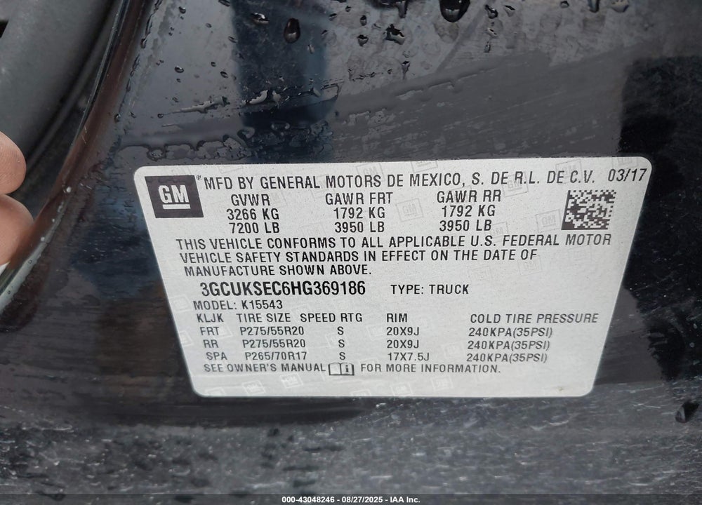 2017 CHEVROLET SILVERADO 1500 VIN: 3GCUKSEC6HG369186