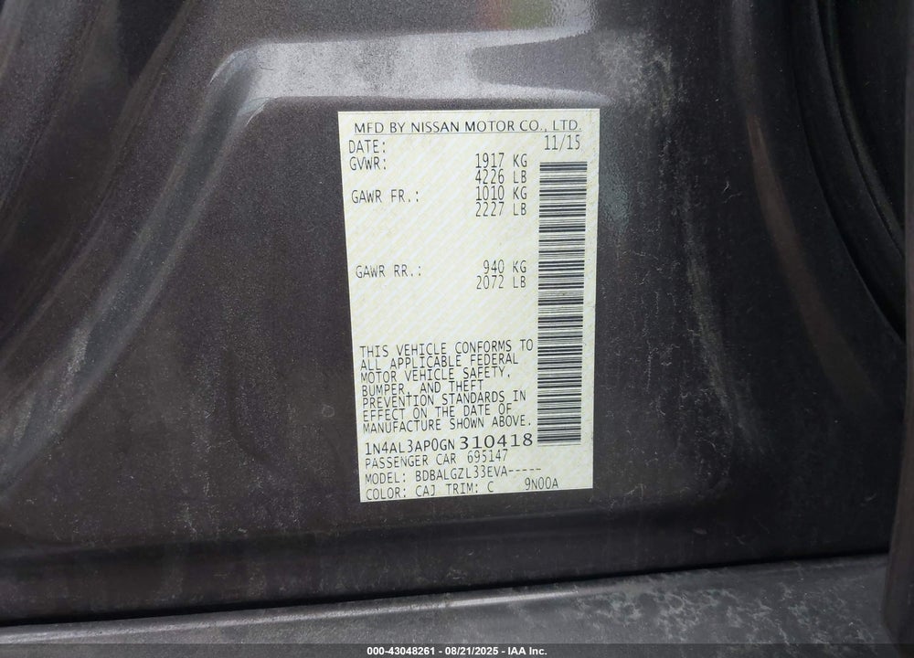 2016 NISSAN ALTIMA VIN: 1N4AL3AP0GN310418