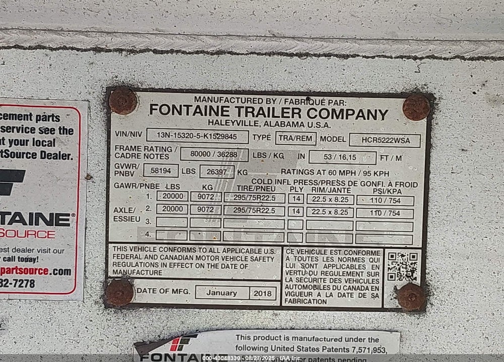 2019 FONTAINE TRAILER CO TRAILER VIN: 13N153205K1529845