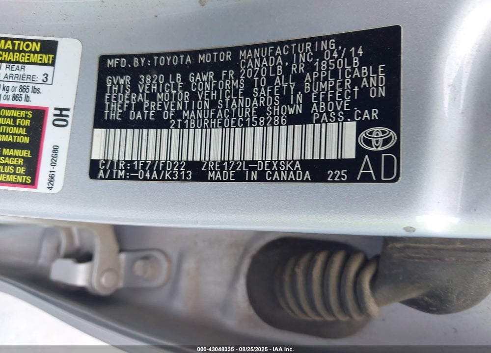 2014 TOYOTA COROLLA S PLUS VIN: 2T1BURHE0EC158286