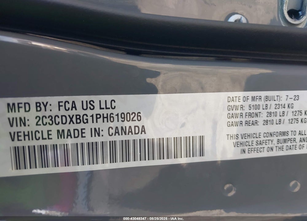2023 DODGE CHARGER VIN: 2C3CDXBG1PH619026