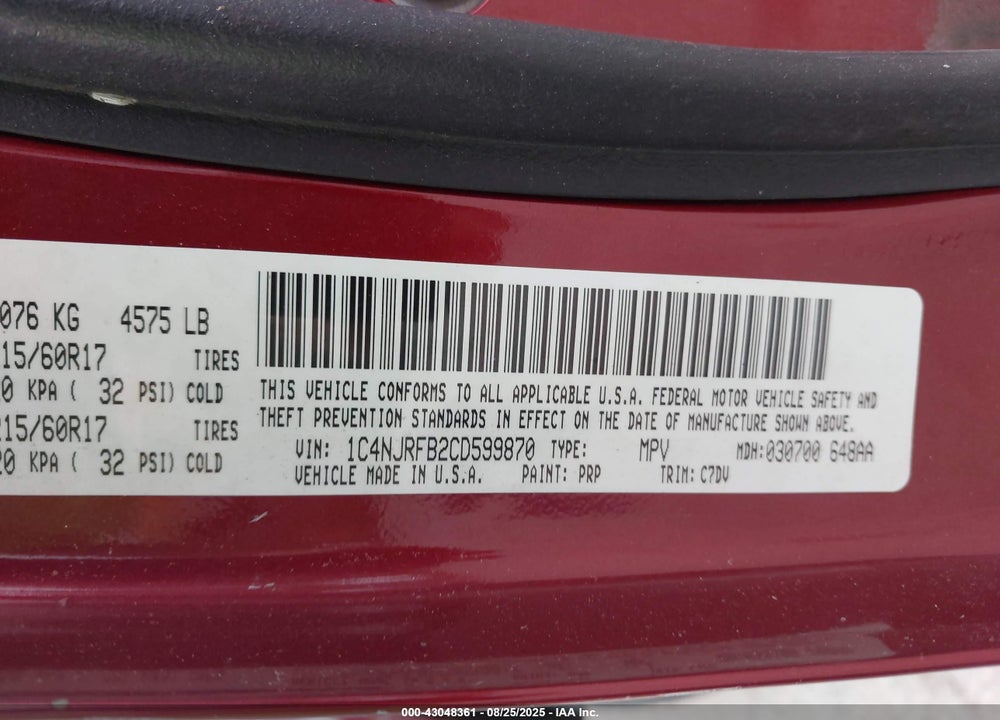 2012 JEEP PATRIOT LATITUDE VIN: 1C4NJRFB2CD599870