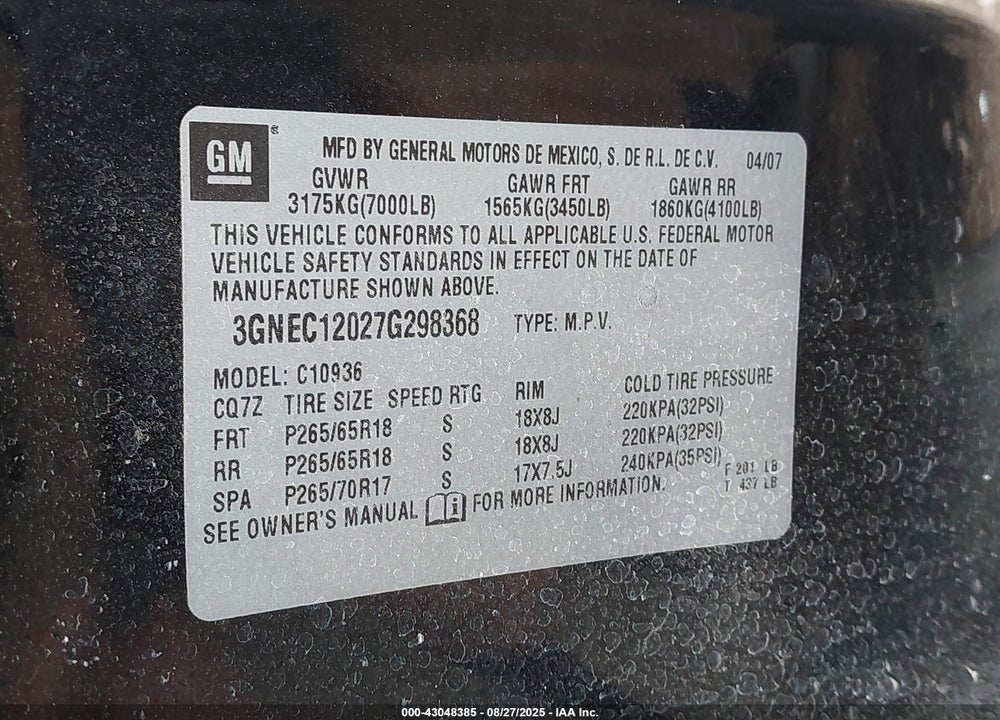 2007 CHEVROLET AVALANCHE VIN: 3GNEC12027G298368