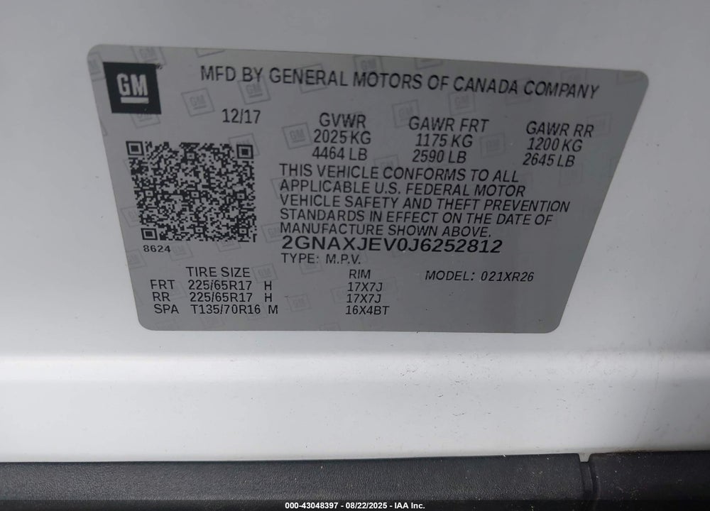 2018 CHEVROLET EQUINOX VIN: 2GNAXJEV0J6252812