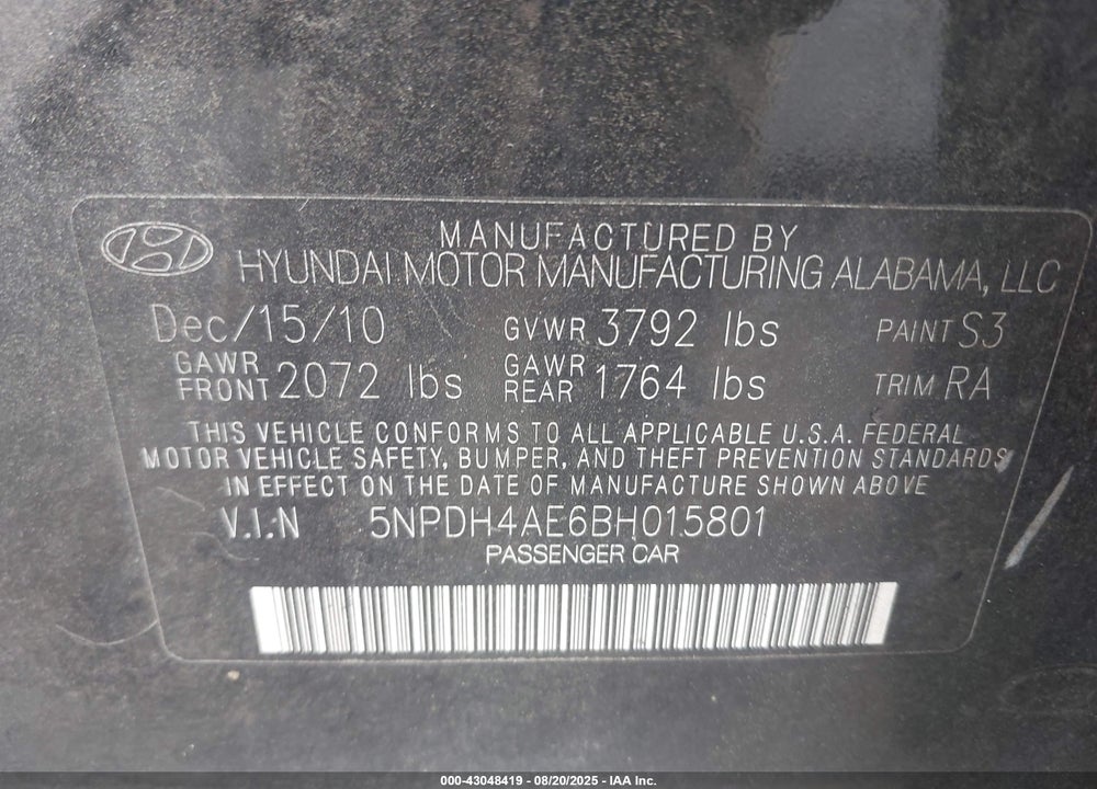 2011 HYUNDAI ELANTRA VIN: 5NPDH4AE6BH015801