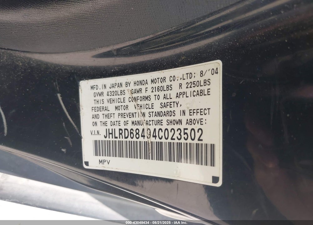 2004 HONDA CR-V LX VIN: JHLRD68494C023502