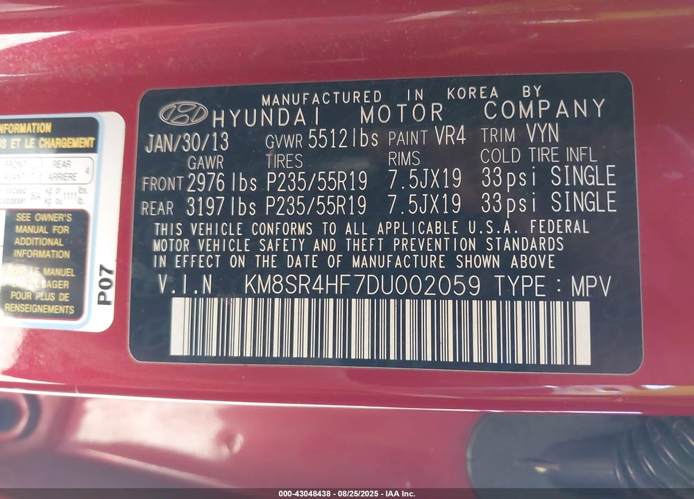2013 HYUNDAI SANTA FE LIMITED VIN: KM8SR4HF7DU002059