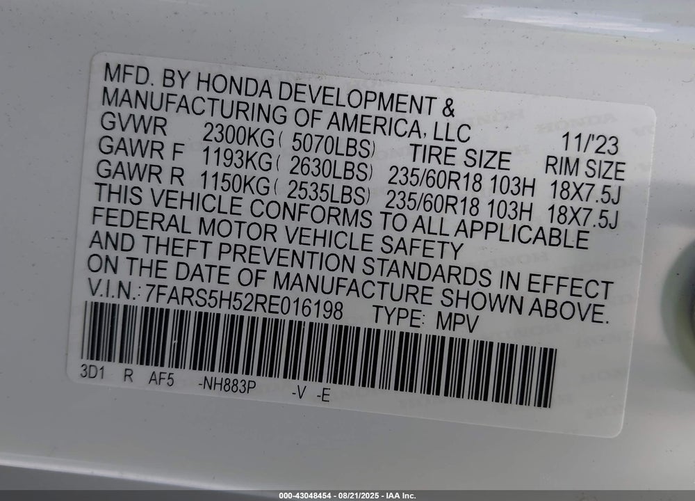 2024 HONDA CR-V VIN: 7FARS5H52RE016198