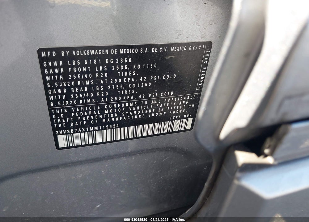 2021 VOLKSWAGEN TIGUAN VIN: 3VV3B7AX1MM119434