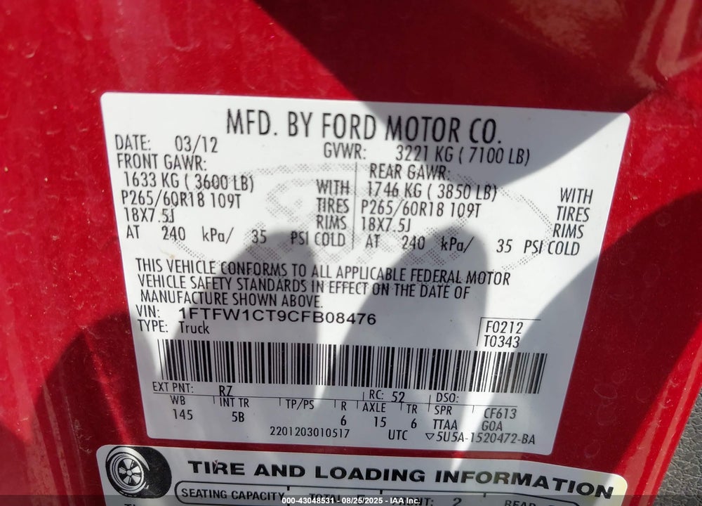 2012 FORD F-150 VIN: 1FTFW1CT9CFB08476