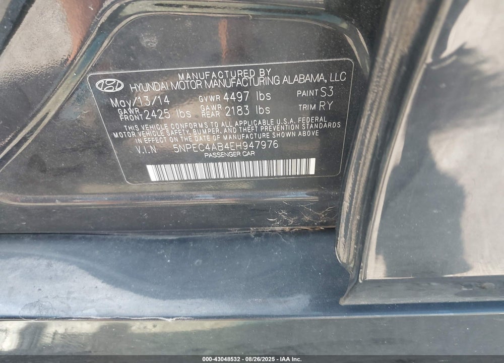 2014 HYUNDAI SONATA VIN: 5NPEC4AB4EH947976