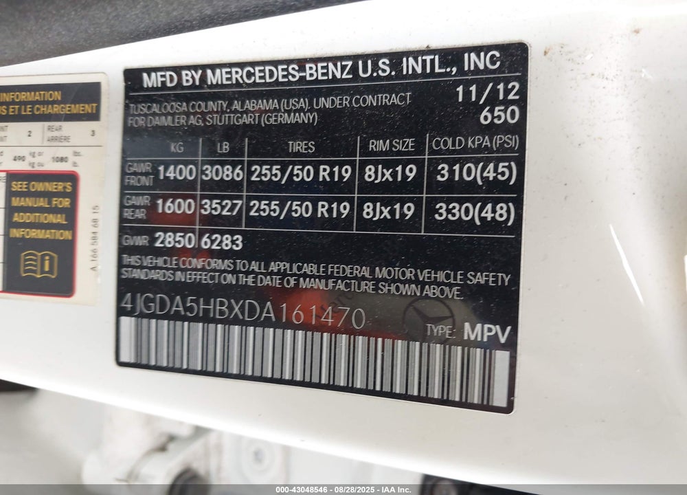 2013 MERCEDES-BENZ ML-CLASS VIN: 4JGDA5HBXDA161470
