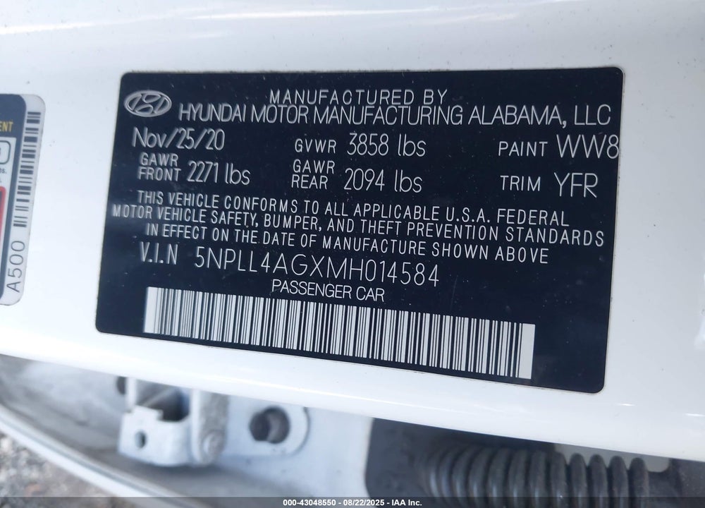 2021 HYUNDAI ELANTRA VIN: 5NPLL4AGXMH014584