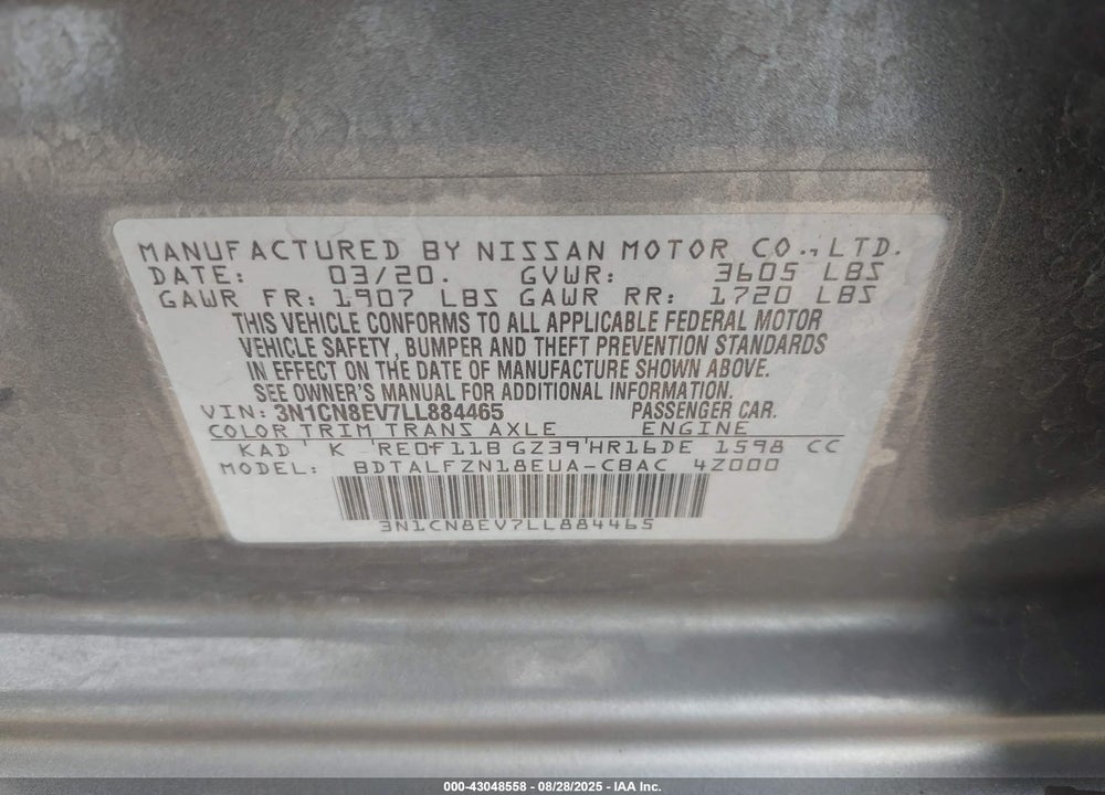 2020 NISSAN VERSA VIN: 3N1CN8EV7LL884465
