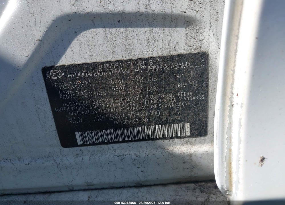 2011 HYUNDAI SONATA VIN: 5NPEB4AC5BH243003