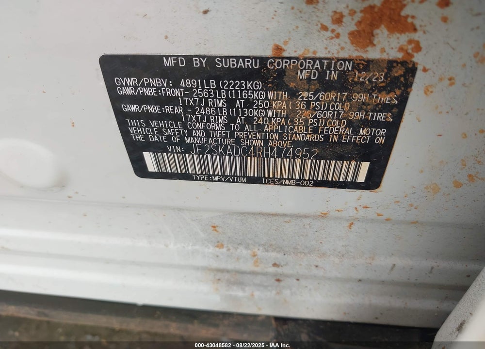 2024 SUBARU FORESTER VIN: JF2SKADC4RH474952