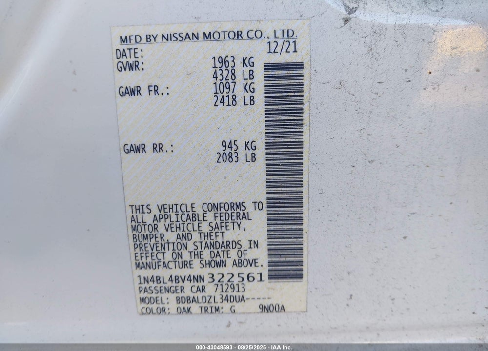 2022 NISSAN ALTIMA VIN: 1N4BL4BV4NN322561