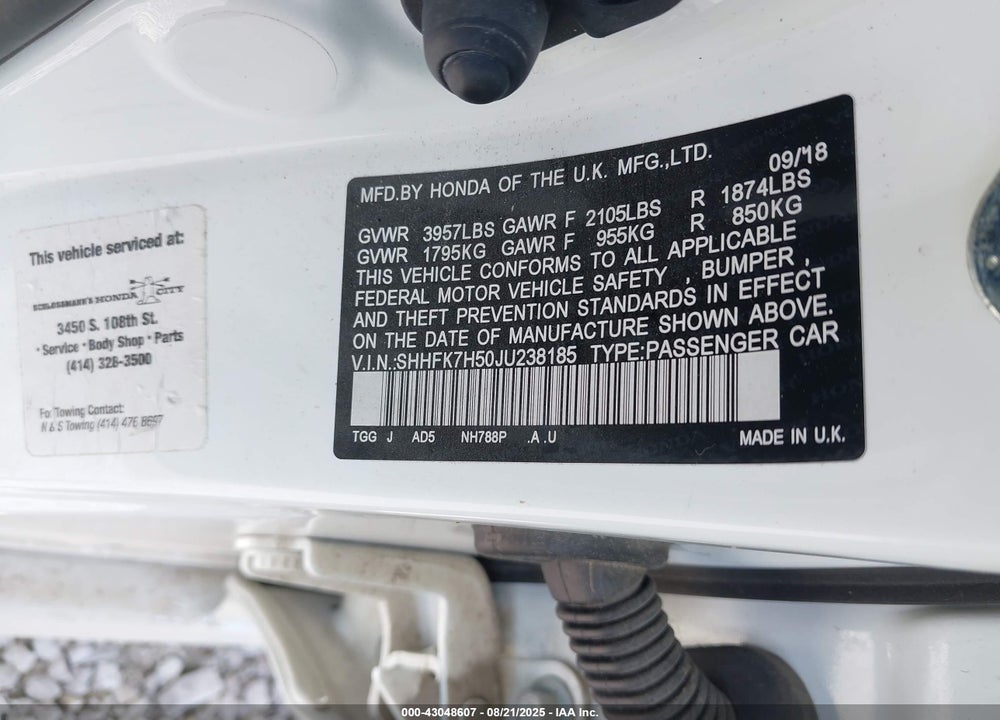 2018 HONDA CIVIC VIN: SHHFK7H50JU238185