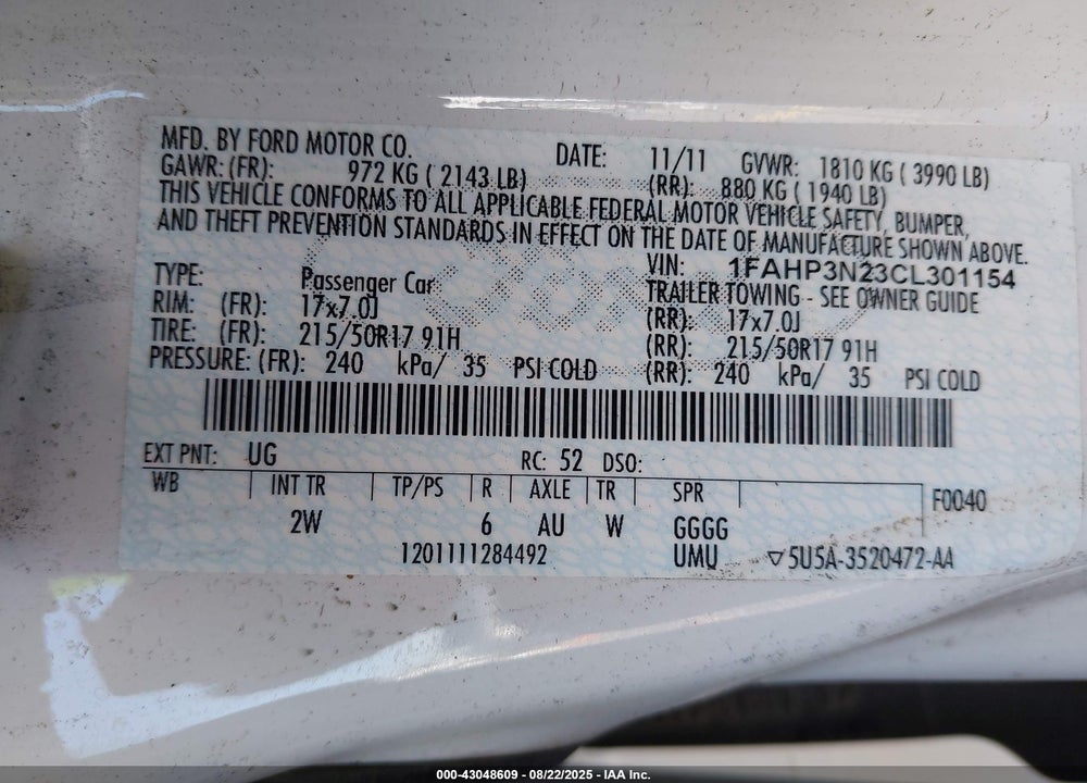 2012 FORD FOCUS TITANIUM VIN: 1FAHP3N23CL301154