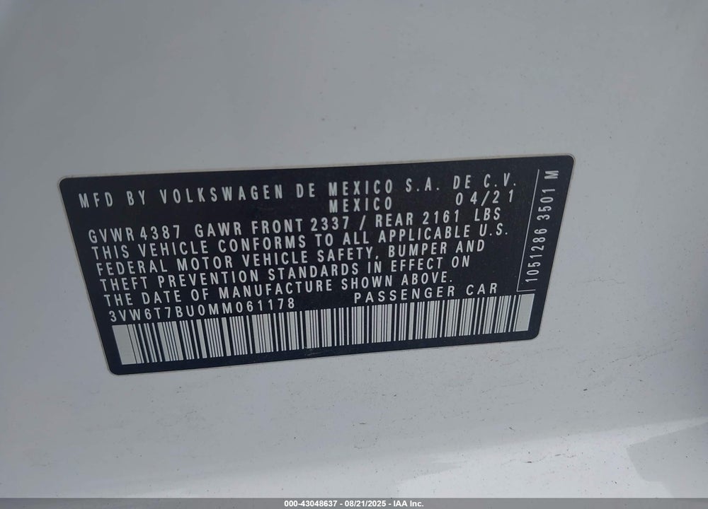 2021 VOLKSWAGEN JETTA VIN: 3VW6T7BU0MM061178