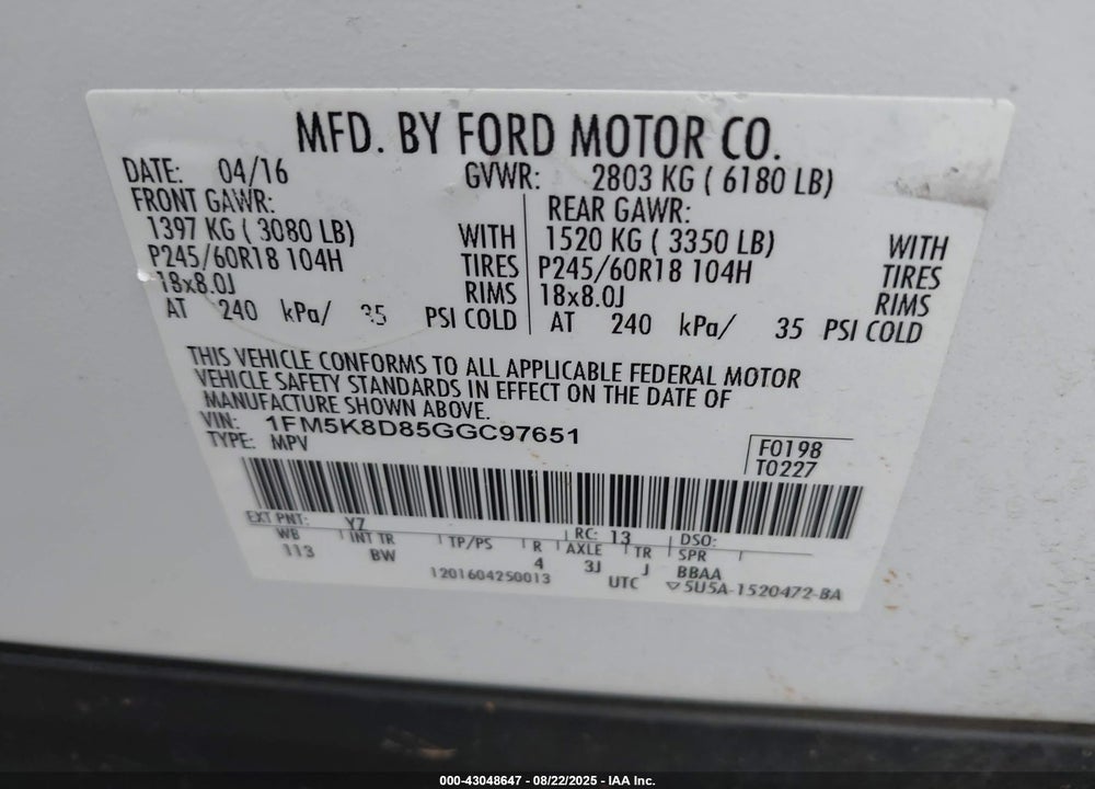 2016 FORD EXPLORER VIN: 1FM5K8D85GGC97651