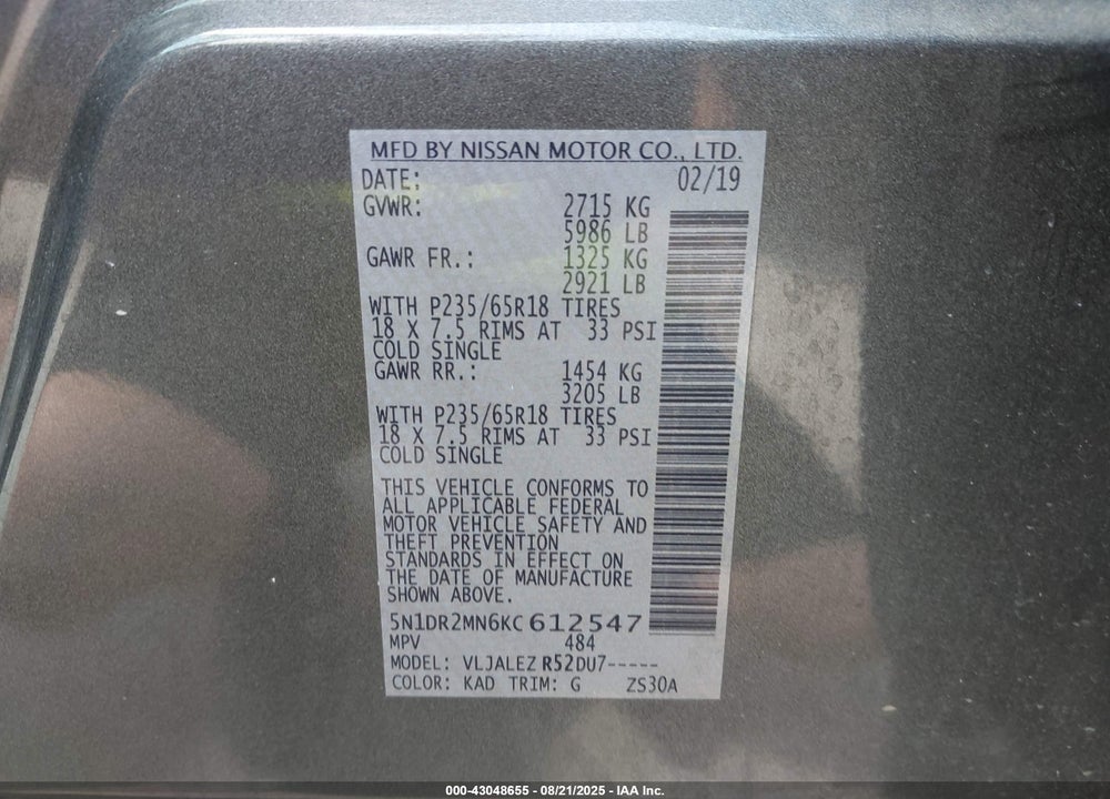 2019 NISSAN PATHFINDER VIN: 5N1DR2MN6KC612547