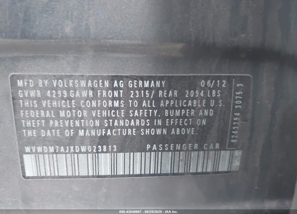 2013 VOLKSWAGEN GOLF VIN: WVWDM7AJXDW023813