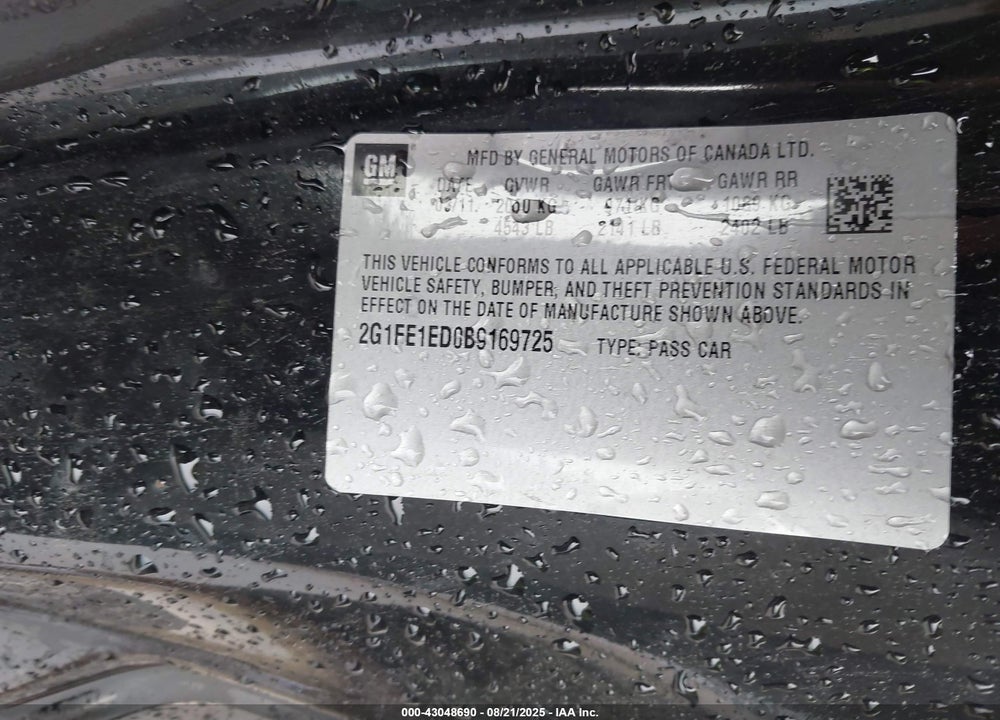 2011 CHEVROLET CAMARO VIN: 2G1FE1ED0B9169725