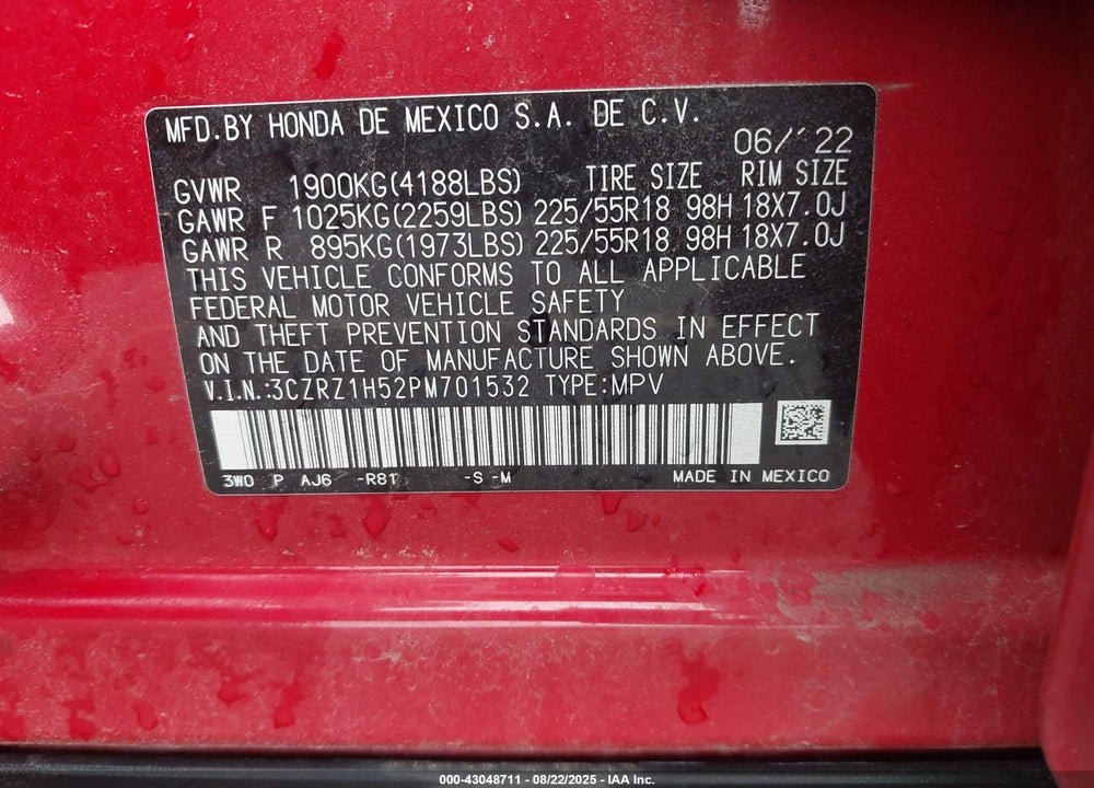 2023 HONDA HR-V VIN: 3CZRZ1H52PM701532