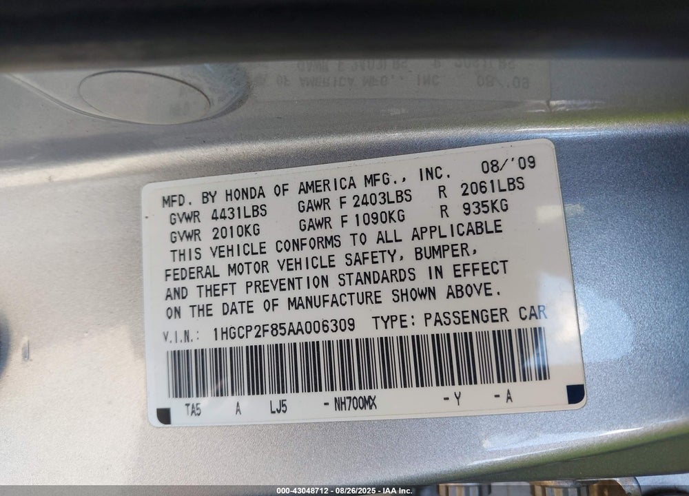 2010 HONDA ACCORD VIN: 1HGCP2F85AA006309