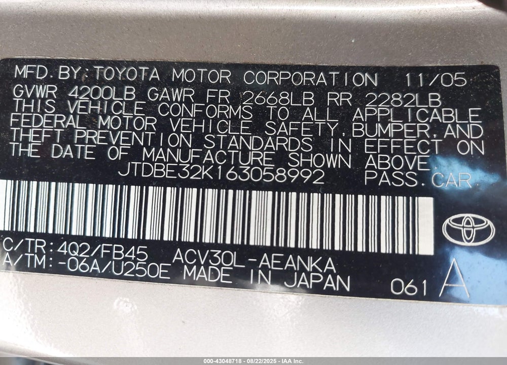 2006 TOYOTA CAMRY VIN: JTDBE32K163058992
