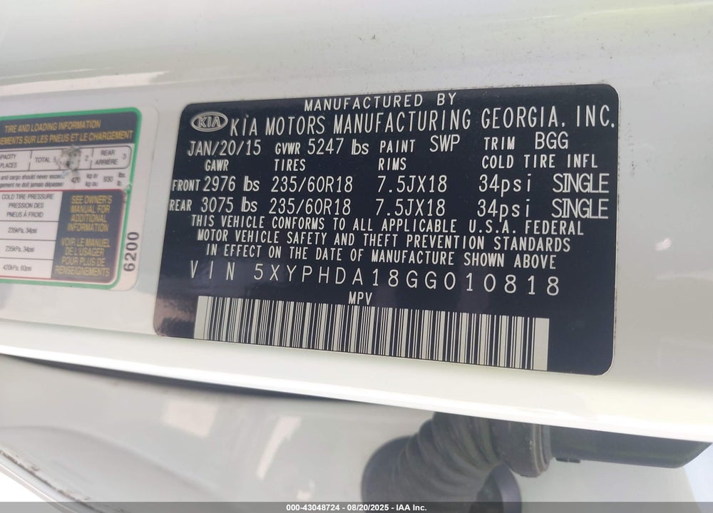 2016 KIA SORENTO VIN: 5XYPHDA18GG010818