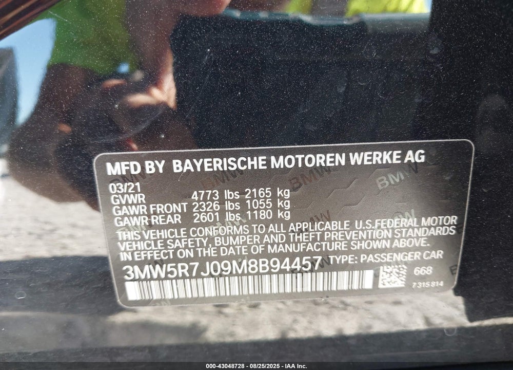 2021 BMW 3 SERIES VIN: 3MW5R7J09M8B94457