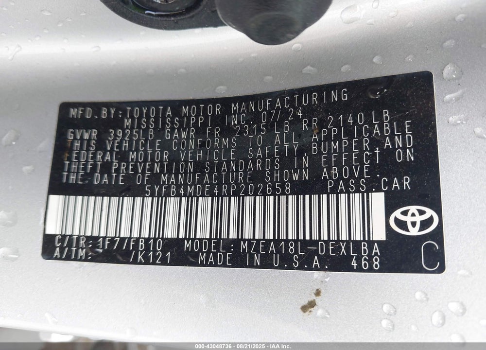 2024 TOYOTA COROLLA LE VIN: 5YFB4MDE4RP202658