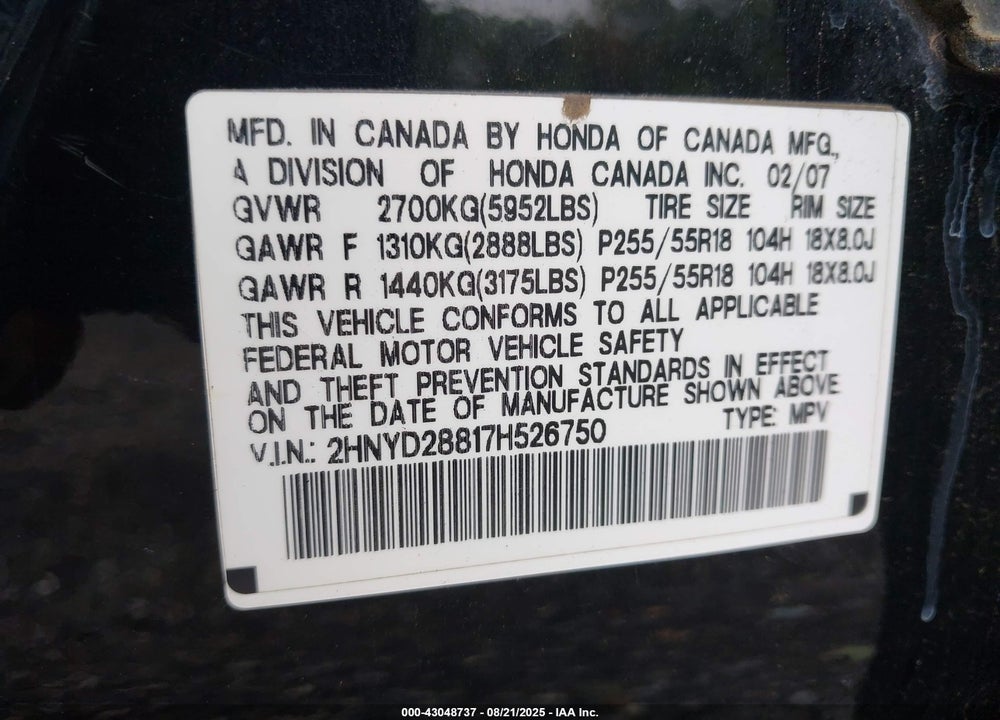 2007 ACURA MDX VIN: 2HNYD28817H526750